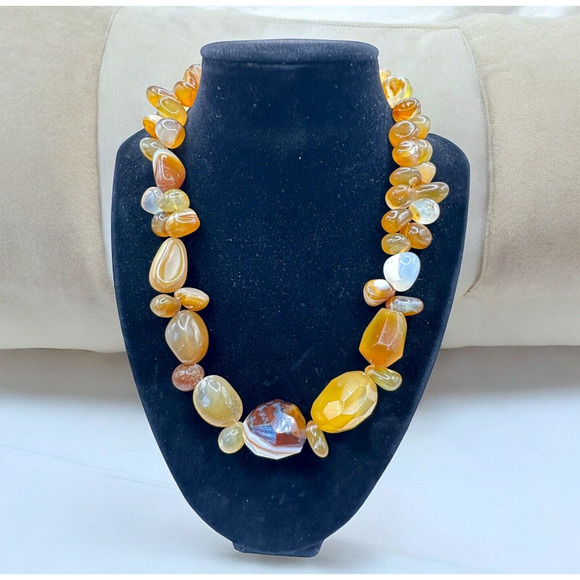 Statement Necklace Chunky Bead Banded Amber/Orange Color Agate Stones 18" 127g - Picture 1 of 16